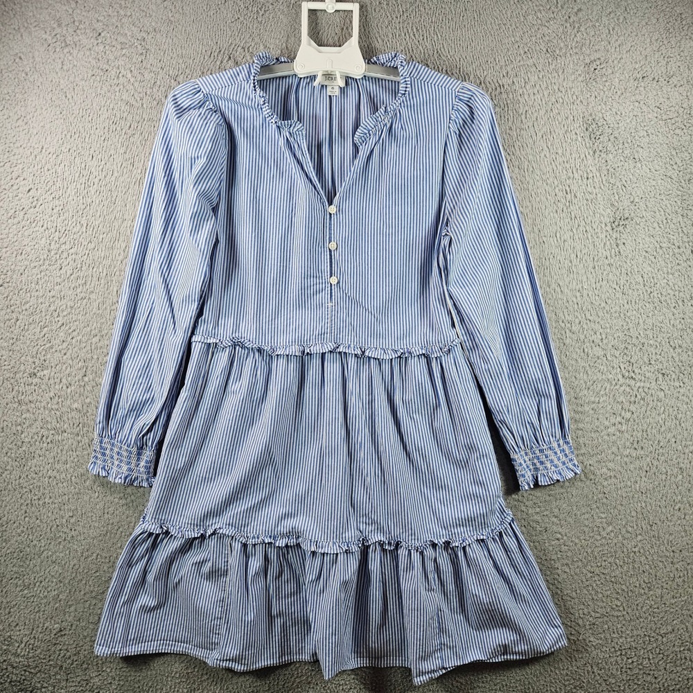 J. Crew Blue White Striped Ruffle‎ Neck Tiered Smocked Cuff Mini Dress Size 6